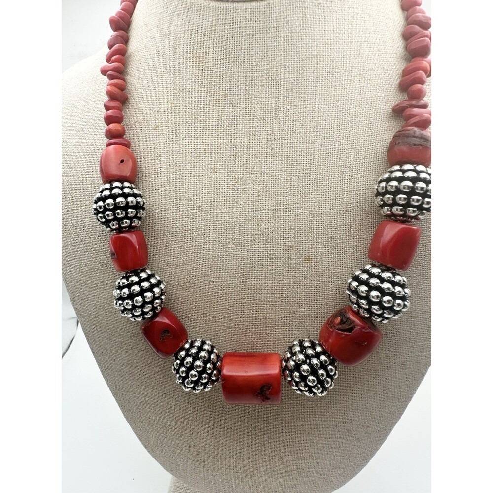 Red Coral Beads Statement Necklace 21”